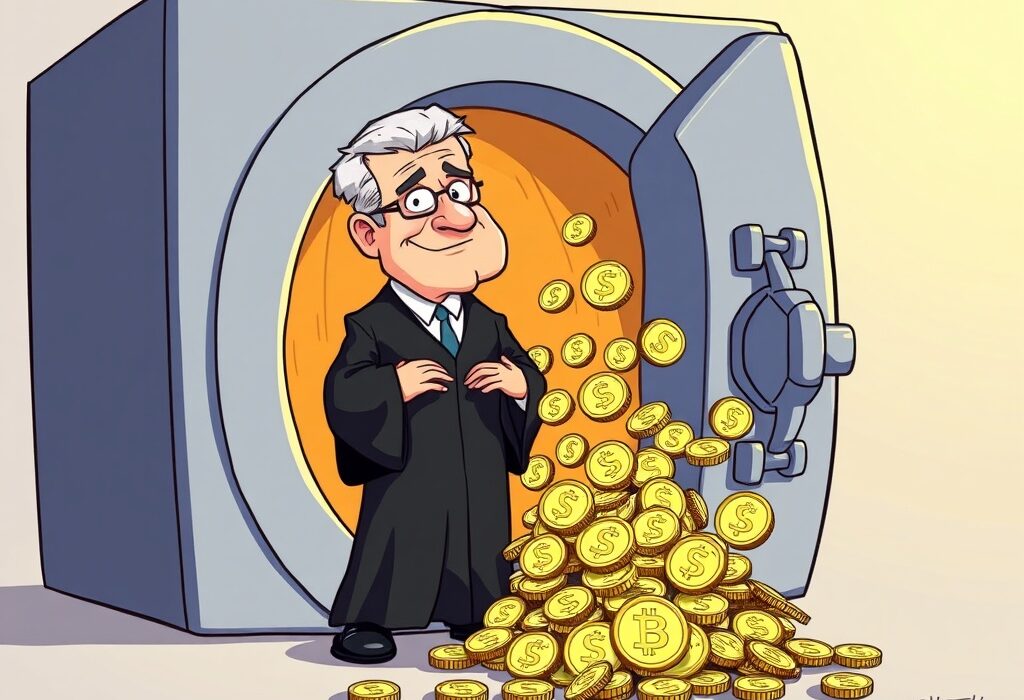 A cartoon judge overseeing the release of USDC funds, symbolizing the unfreezing of assets linked to the Libra memecoin.
