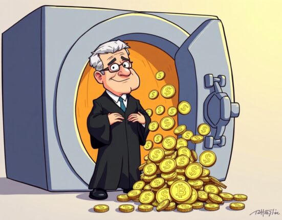 A cartoon judge overseeing the release of USDC funds, symbolizing the unfreezing of assets linked to the Libra memecoin.