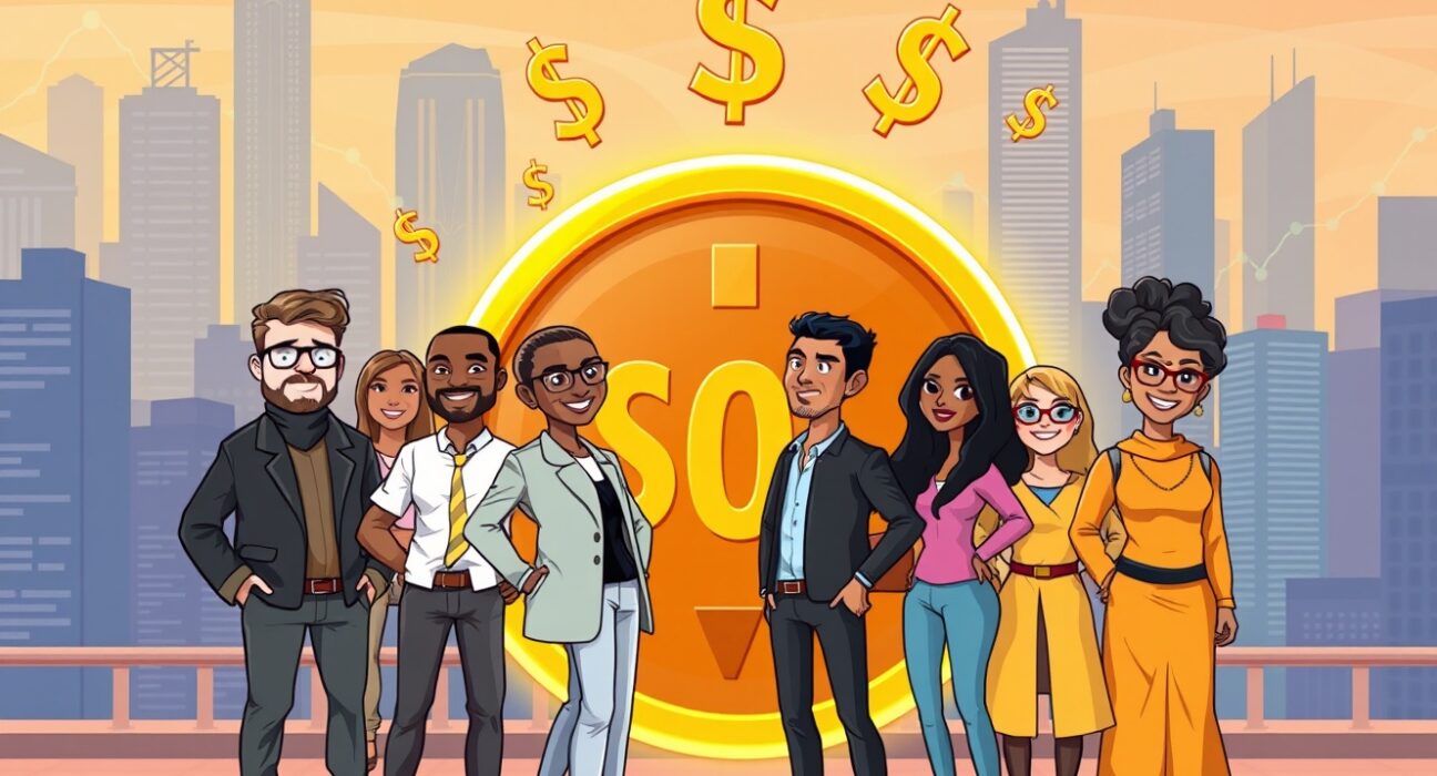 Libra team buys SOL in a vibrant cartoon scene symbolizing strategic cryptocurrency investment