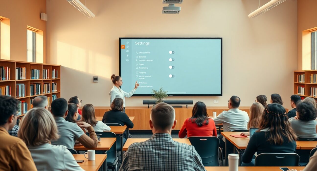 Librarian leading an Avoiding AI workshop in a library classroom with adults watching a projector screen.