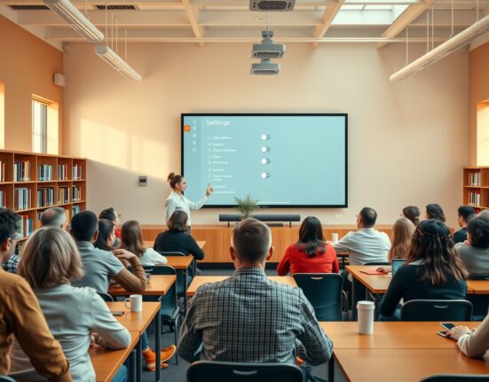 Librarian leading an Avoiding AI workshop in a library classroom with adults watching a projector screen.