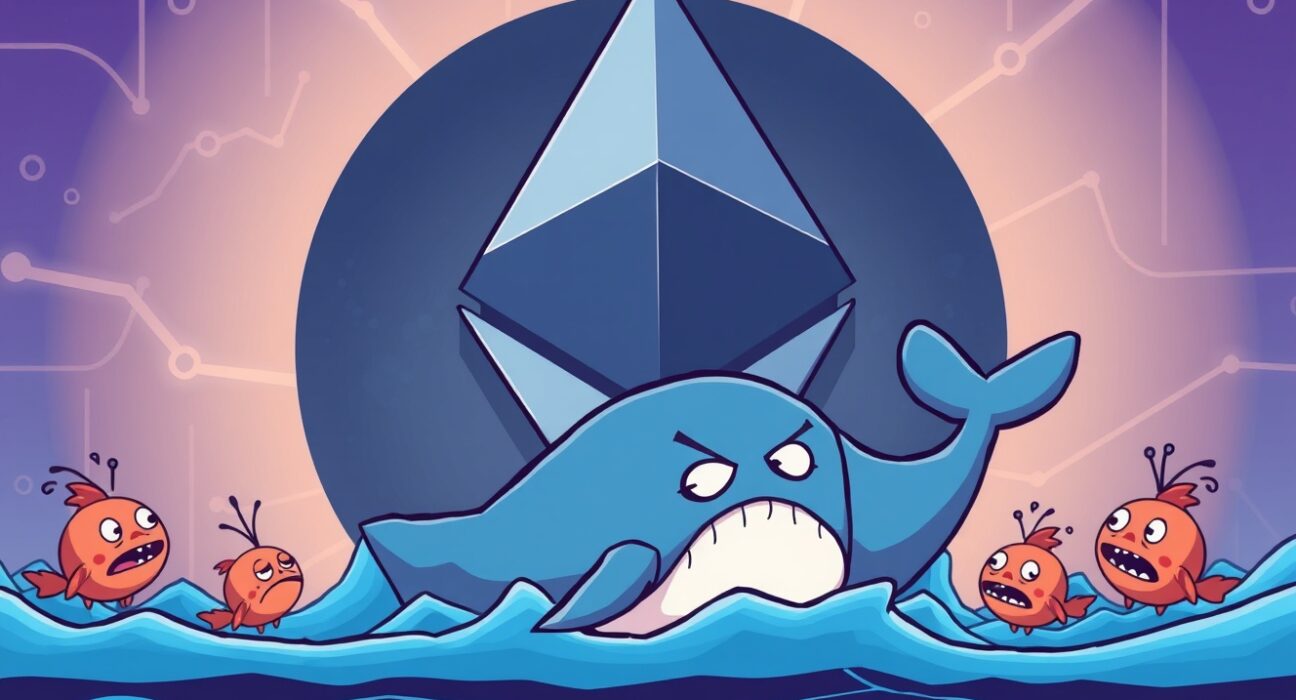 A cartoon whale representing a large Ethereum sale by the Lido co-founder, causing ripples in the crypto market.