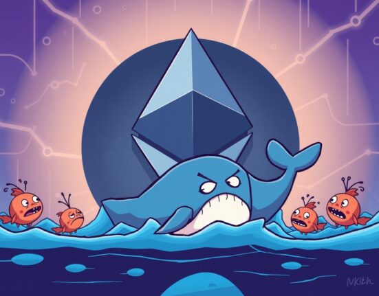 A cartoon whale representing a large Ethereum sale by the Lido co-founder, causing ripples in the crypto market.