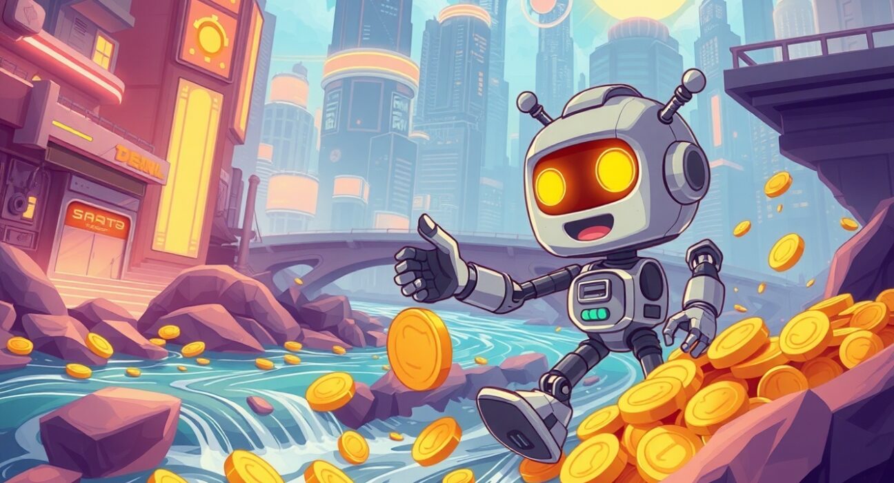 LDO buyback mechanism illustrated as a robot gathering tokens in a vibrant DeFi landscape.