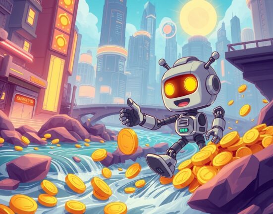 LDO buyback mechanism illustrated as a robot gathering tokens in a vibrant DeFi landscape.