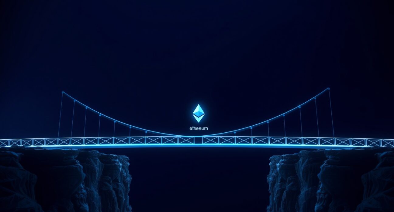 A glowing digital bridge representing cross-chain wstETH transfers, with Ethereum symbols and tokens in a dark, professional setting.