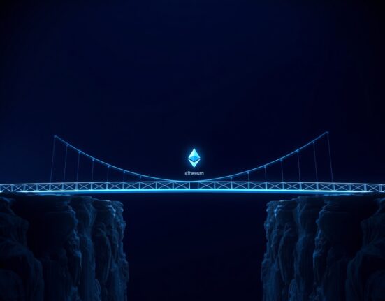A glowing digital bridge representing cross-chain wstETH transfers, with Ethereum symbols and tokens in a dark, professional setting.