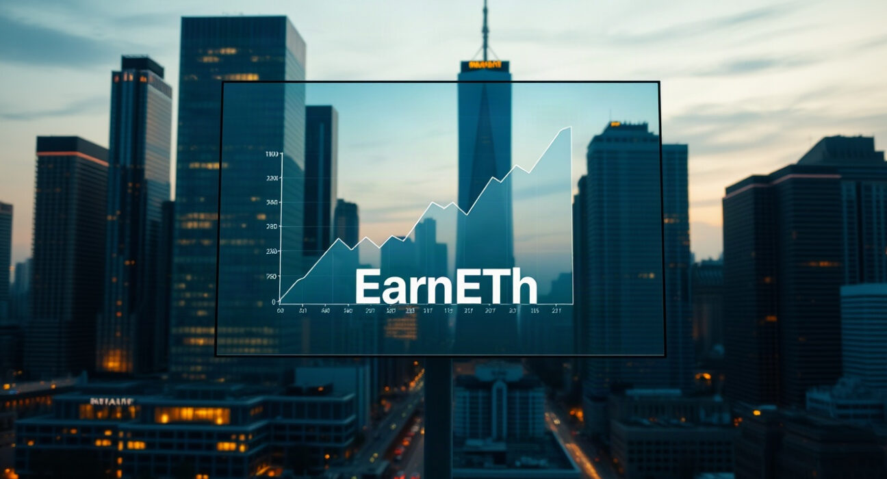 EarnETH vault fee update concept with a financial chart and skyline
