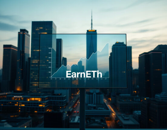 EarnETH vault fee update concept with a financial chart and skyline