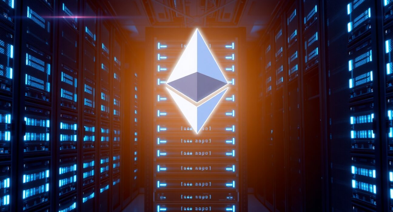 Data center with Ethereum logo representing Lido's staked ETH migration upgrade.