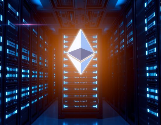 Data center with Ethereum logo representing Lido's staked ETH migration upgrade.