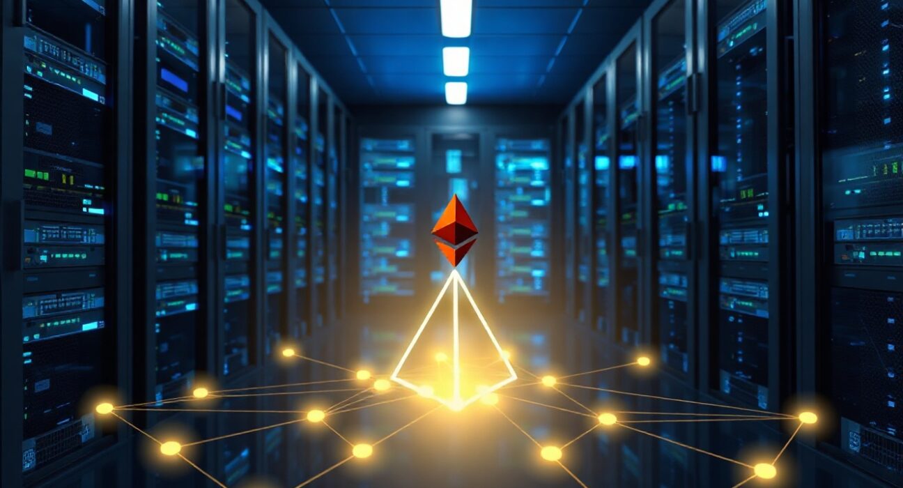 Modern data center with glowing network nodes representing Lido's Staking Router V3 upgrade for Ethereum staking