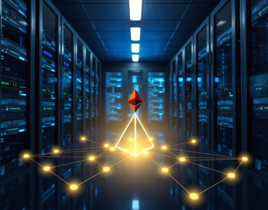 Modern data center with glowing network nodes representing Lido's Staking Router V3 upgrade for Ethereum staking