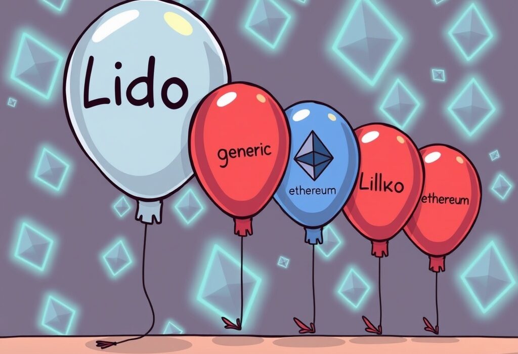Cartoon illustration showing a shrinking Lido staking share in the Ethereum ecosystem, with rival platforms growing in liquid staking.