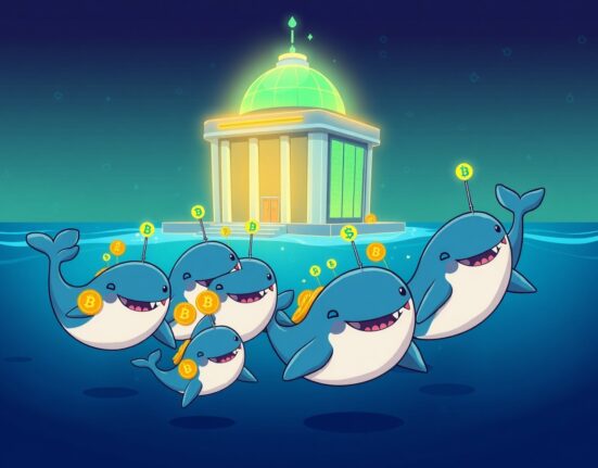 Cartoon whales depositing LIGHT token to a crypto exchange, illustrating major whale movement.