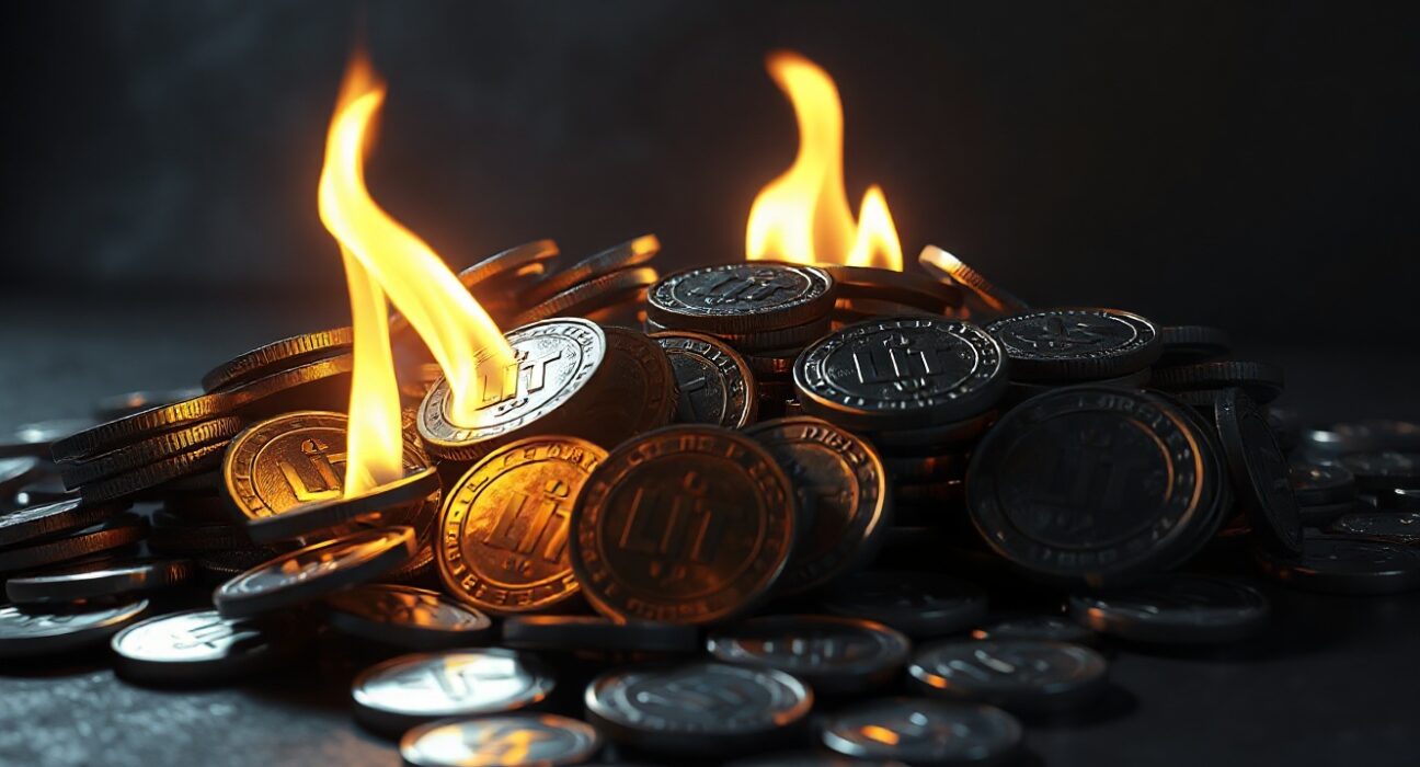 LIT tokens being burned in a fiery destruction scene representing a token burn event.