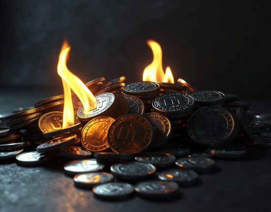 LIT tokens being burned in a fiery destruction scene representing a token burn event.