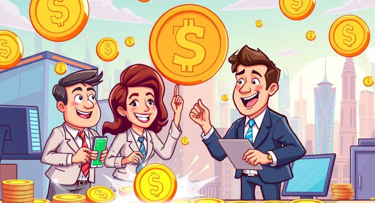 Lighter funding success shown through vibrant cartoon financial exchange with digital assets