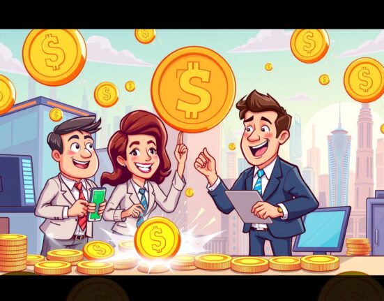 Lighter funding success shown through vibrant cartoon financial exchange with digital assets