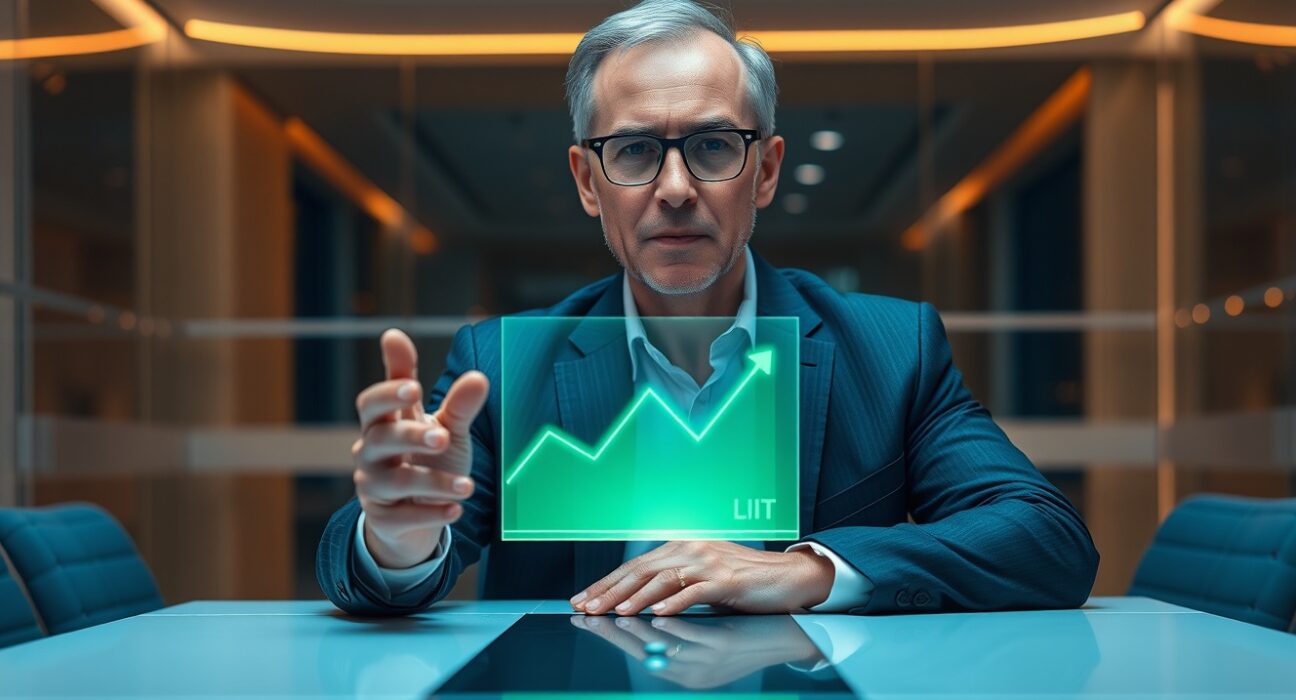 Lighter founder Vladimir Novakovski in a meeting room with a holographic LIT token chart