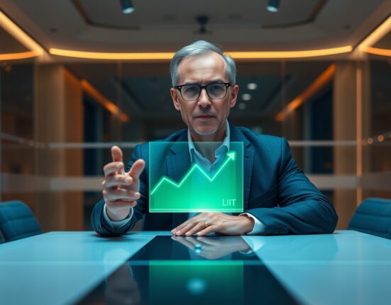 Lighter founder Vladimir Novakovski in a meeting room with a holographic LIT token chart