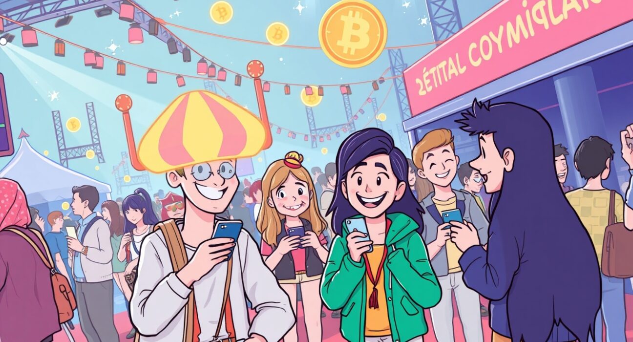 Vibrant cartoon festival scene depicting the exciting LimeWire Fyre Festival revival with Web3 and LMWR token payments.