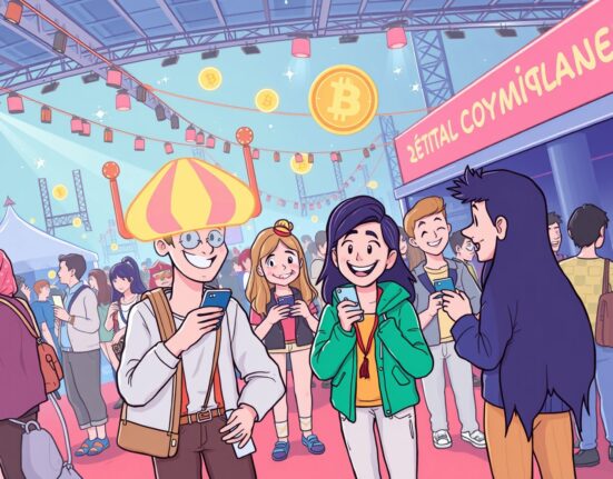 Vibrant cartoon festival scene depicting the exciting LimeWire Fyre Festival revival with Web3 and LMWR token payments.