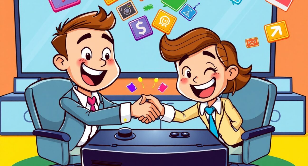 Strategic Line acquisition Kakao Games merger depicted through cartoon business meeting