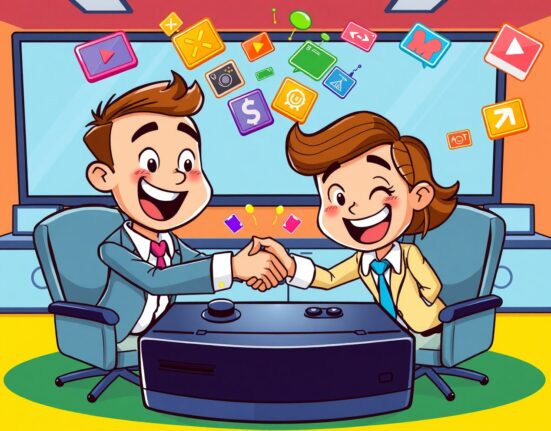 Strategic Line acquisition Kakao Games merger depicted through cartoon business meeting