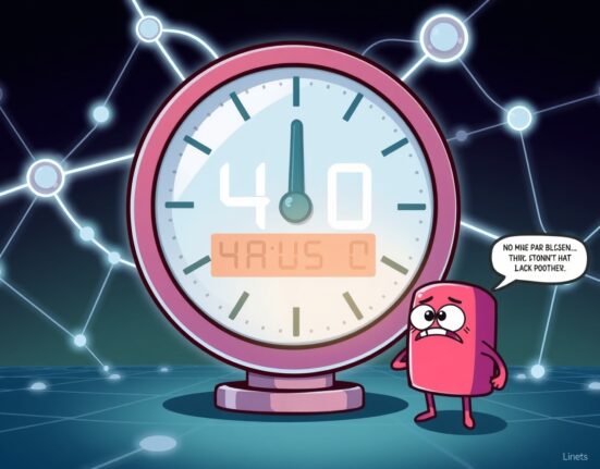 A cartoon image illustrating the unexpected Linea block production halt, showing a frozen digital clock and a paused blockchain network.