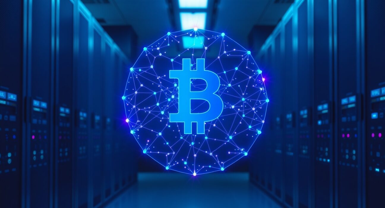 Holographic blockchain network displayed in a modern data center, representing Linea's open-source ZK-rollup technology.