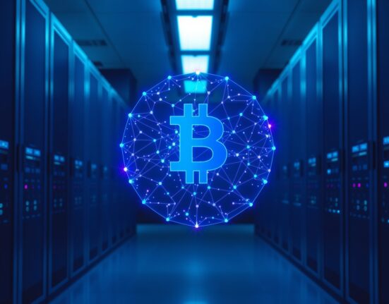 Holographic blockchain network displayed in a modern data center, representing Linea's open-source ZK-rollup technology.