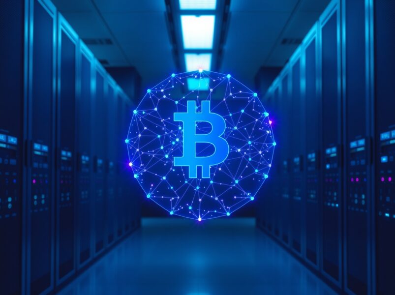 Holographic blockchain network displayed in a modern data center, representing Linea's open-source ZK-rollup technology.