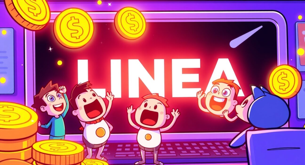 Cartoon illustration showing Linea LP rewards being distributed to excited liquidity providers on the Etherex platform, symbolizing a significant token distribution.