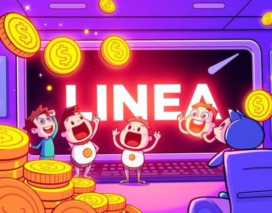Cartoon illustration showing Linea LP rewards being distributed to excited liquidity providers on the Etherex platform, symbolizing a significant token distribution.