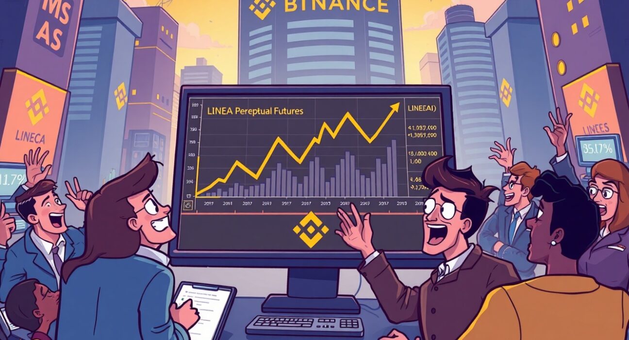 A vibrant cartoon showing traders celebrating the launch of LINEA perpetual futures on a digital exchange, highlighting a new trading opportunity.