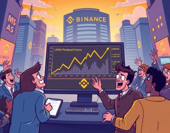 A vibrant cartoon showing traders celebrating the launch of LINEA perpetual futures on a digital exchange, highlighting a new trading opportunity.