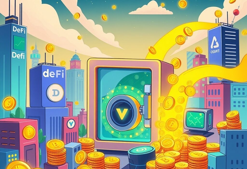 Cartoon illustration of digital tokens flowing into a secure, transparent vault, symbolizing the Linea rewards program's innovative and fair distribution.