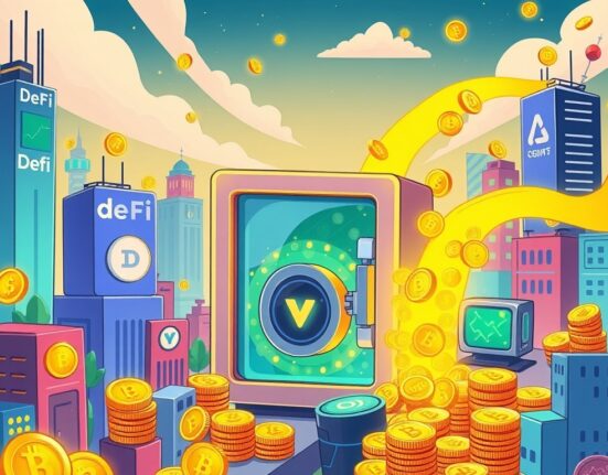 Cartoon illustration of digital tokens flowing into a secure, transparent vault, symbolizing the Linea rewards program's innovative and fair distribution.