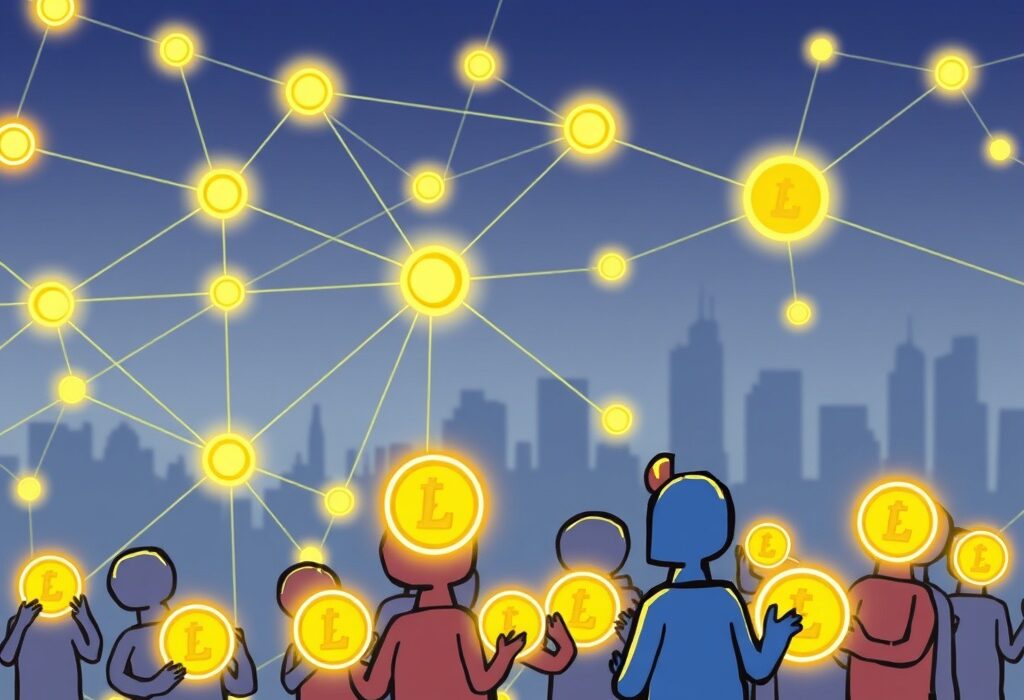 A cartoon image illustrating the Linea token allocation process, with participants receiving digital tokens for their contributions to the Linea Surge campaign.