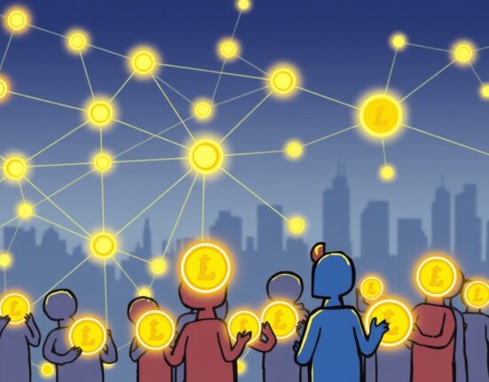 A cartoon image illustrating the Linea token allocation process, with participants receiving digital tokens for their contributions to the Linea Surge campaign.