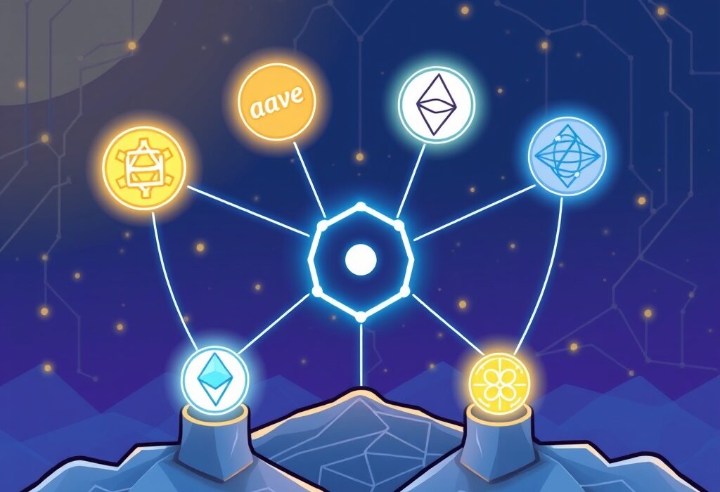Cartoon illustration showing the strategic Linea token distribution from the Linea network to Aave, Etherex, and Euler, signaling significant DeFi growth.