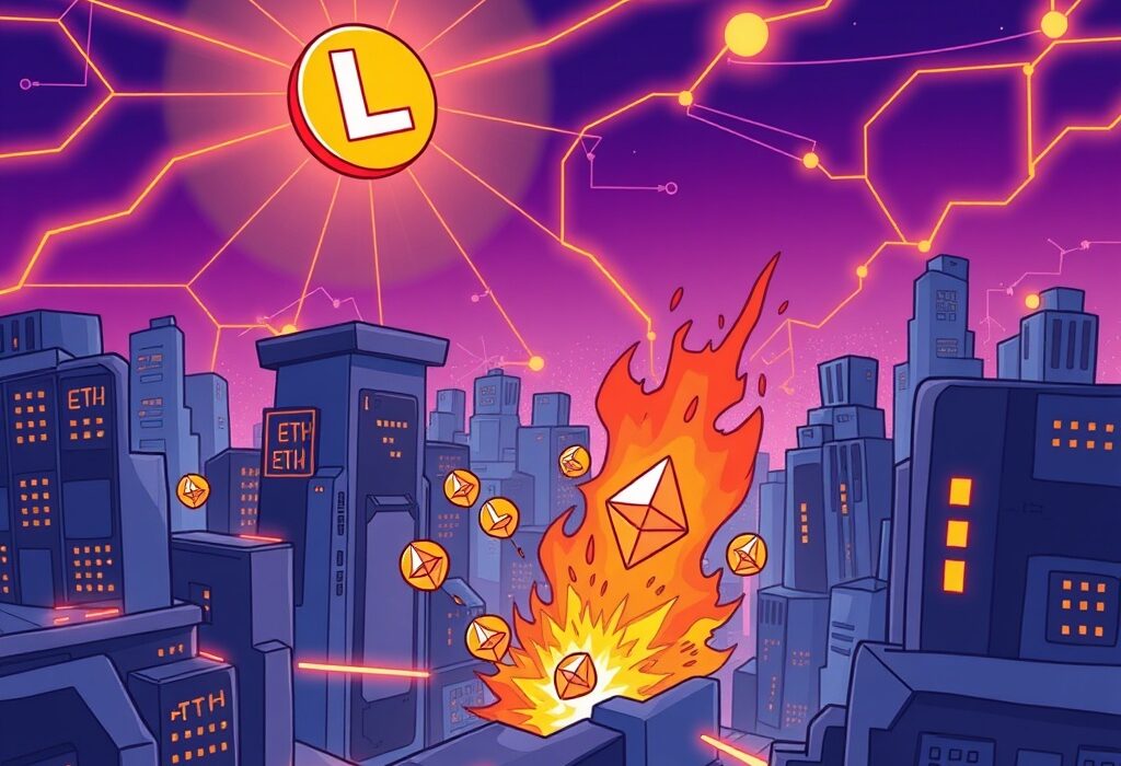 A vibrant cartoon illustrating the Linea token launch and ETH burning mechanism, symbolizing the innovative future of Layer 2 solutions.