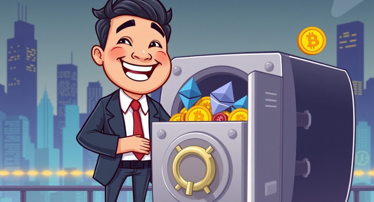 A cartoon executive showcasing significant LineKong crypto holdings of Bitcoin, Ethereum, and Solana in a digital vault.