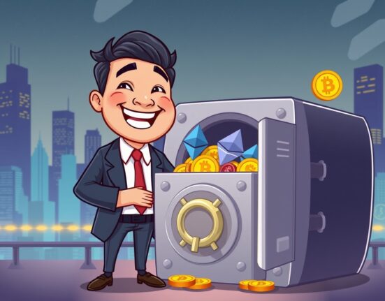 A cartoon executive showcasing significant LineKong crypto holdings of Bitcoin, Ethereum, and Solana in a digital vault.