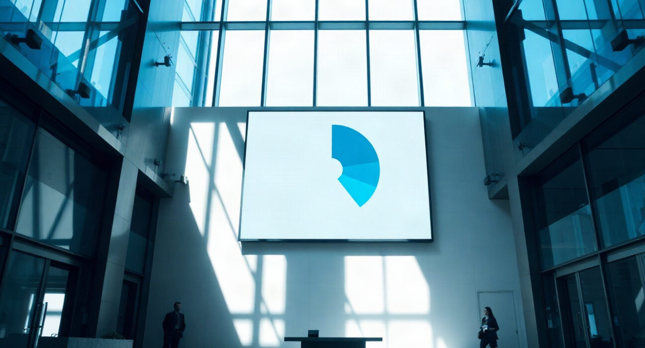 Digital display in a modern lobby showing a pie chart representing token allocation