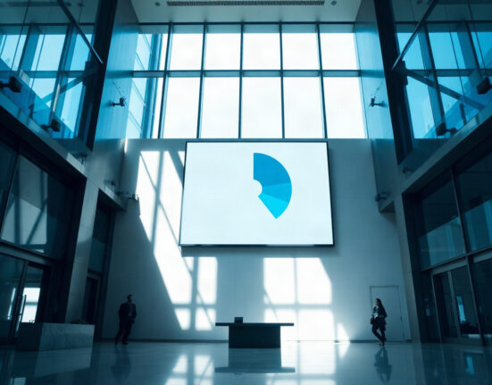 Digital display in a modern lobby showing a pie chart representing token allocation