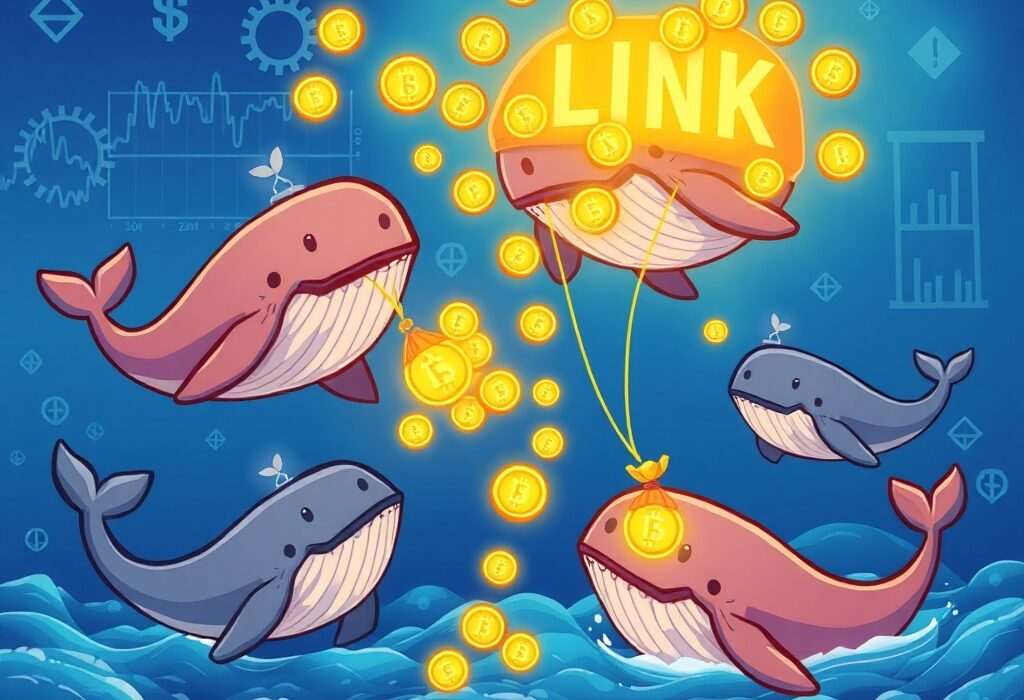 A cartoon illustration showing four crypto whales actively engaged in LINK accumulation, symbolizing significant Chainlink investment.
