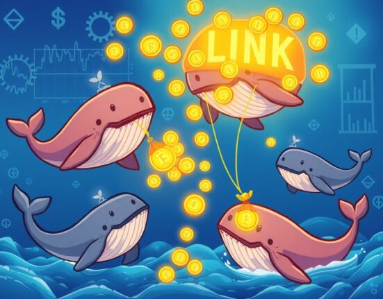 A cartoon illustration showing four crypto whales actively engaged in LINK accumulation, symbolizing significant Chainlink investment.