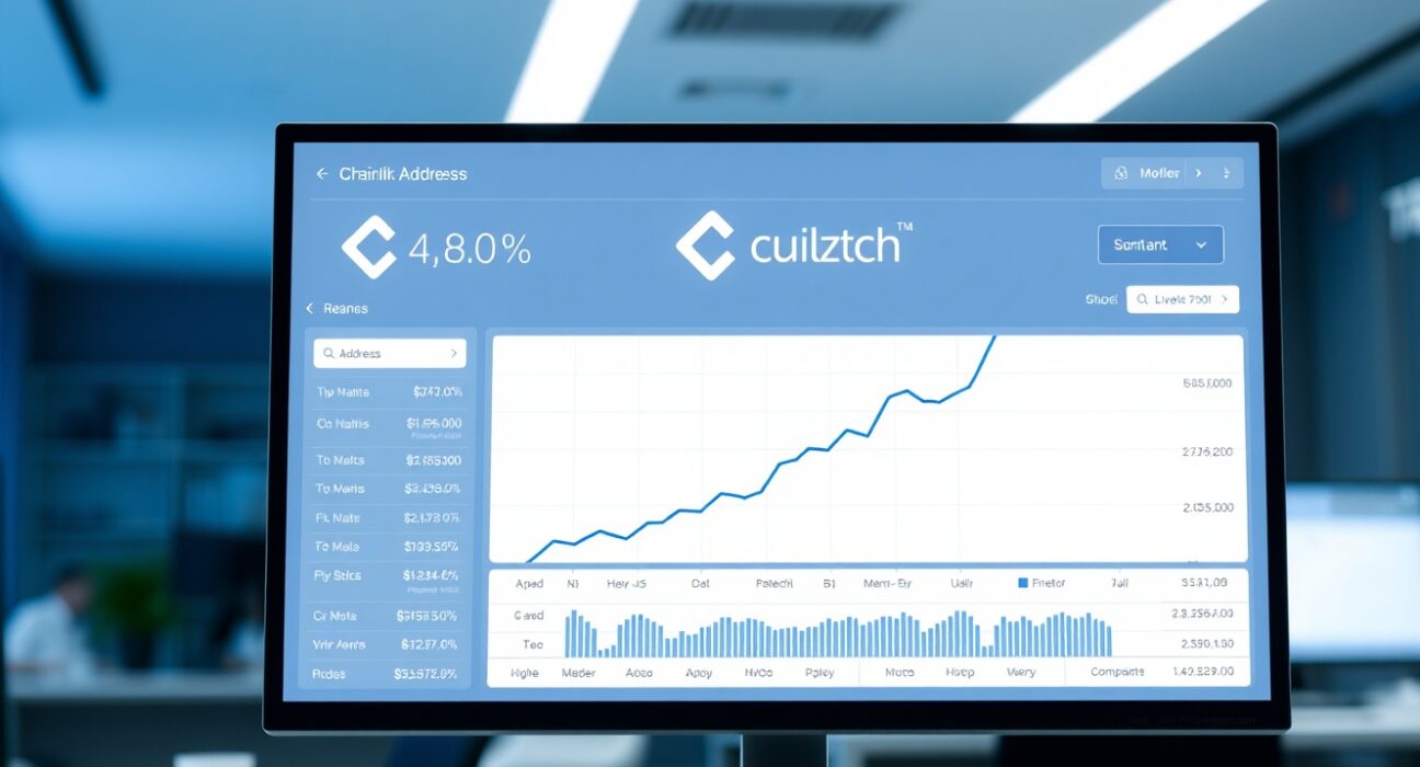 Digital dashboard showing a rising chart of LINK wallet addresses with a subtle Chainlink logo in the background